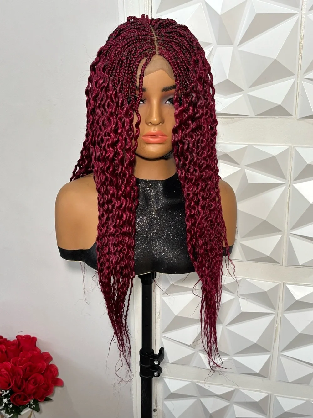 Handmade Boho curly twist Braided Closure Wig Burgundy Lightweight Natural Densi
